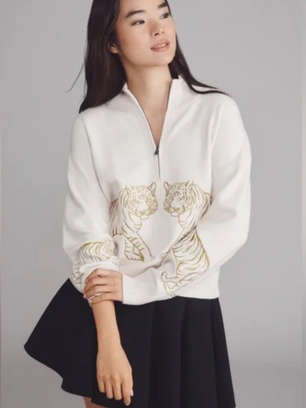 Maeve Cream Half-Zip Turtleneck Sweater with Gold Tiger